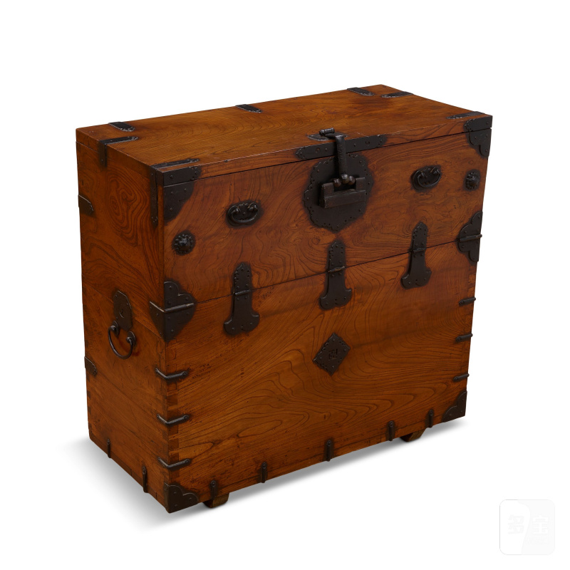 A KOREAN WROUGHT-IRON MOUNTED DROP-FRONT HARDWOOD CHEST